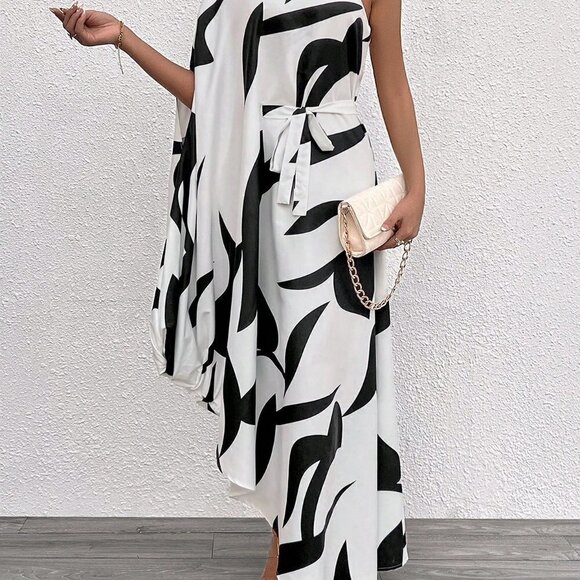 Blacxk & White Boho Women's Full-Print Asymmetric Neckline Dress - Picture 3 of 5